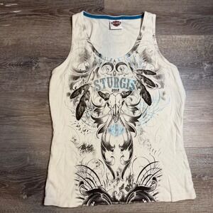 Y2K Harley-Davidson Sturgis 2012 Tank Top Womens 2XL Cream Skull Graphic Tee